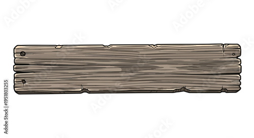 Rustic wooden sign, weathered planks, old fastener, isolated on white background.