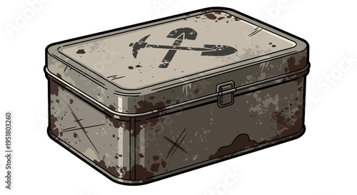 Rusty metal toolbox with pickaxe and shovel icon