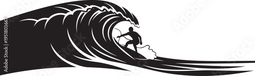 Surfer riding a giant wave in silhouette
