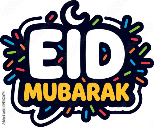 Eid Mubarak festive sticker design with crescent moon and colorful dashes for Islamic holiday social media messaging apps and campaigns