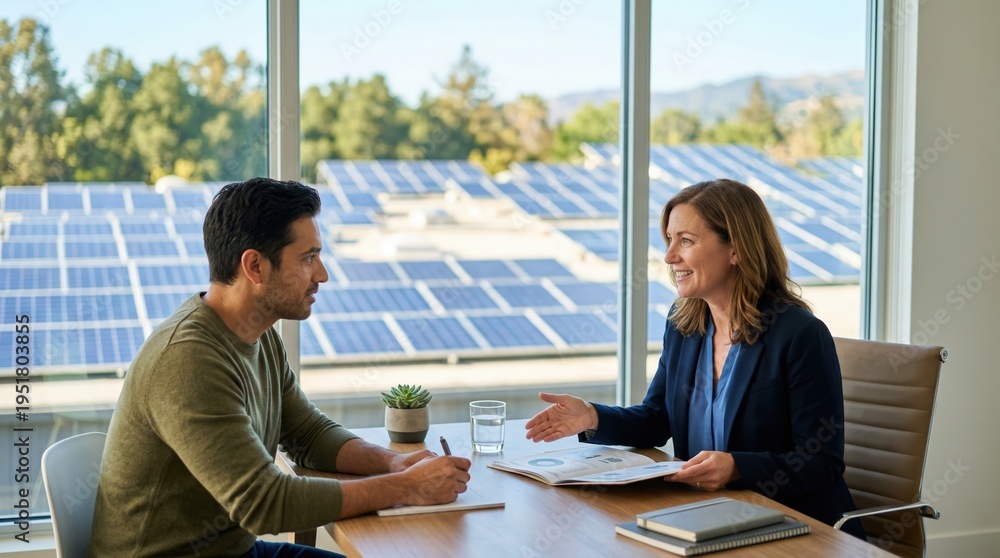 Fototapeta premium Medium shot of a lender discussing loan options for solar gear installation with softfocus sunlit solar panels in the backdrop illustrating green investment benefits.