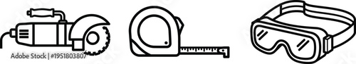 Professional power tools and safety gear with angle grinder tape measure and goggles