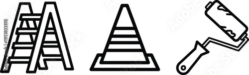 Safety and painting equipment icons including stepladder traffic cone and roller