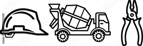 Set of construction related line icons featuring hard hat, cement mixer truck and pliers, editable stroke