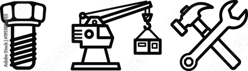 Set of construction related line icons including a bolt, crane and crossed hammer with wrench