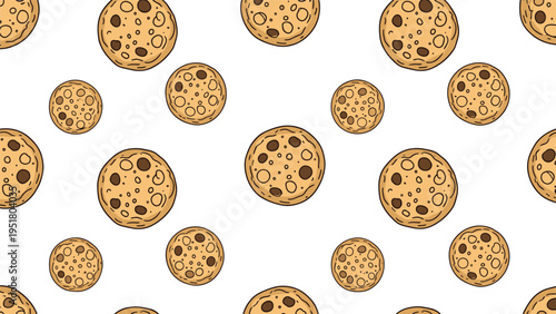 Delightful seamless pattern showcasing an array of classic chocolate chip cookies, perfect for bakery, dessert, or sweet treat themed designs.