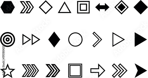 Monochrome geometric shape and arrow icon set with outline variants for UI UX web design app navigation and digital product development