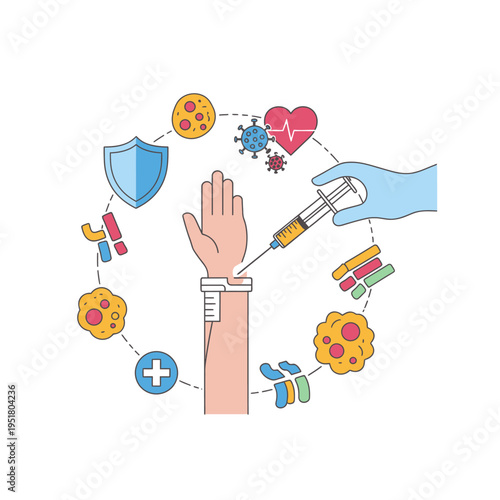 Medical Science Illustration: Immune System Protection, Vaccination, and Disease Prevention