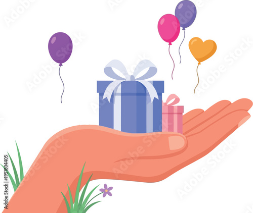 Giant hand offering gift boxes to tiny man for holiday generosity celebration loyalty reward and special occasion greeting card concept