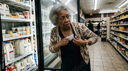 Senior female African-American customer secretly removing product from supermarket shelf. Concept of consumer society inequality and crime.
