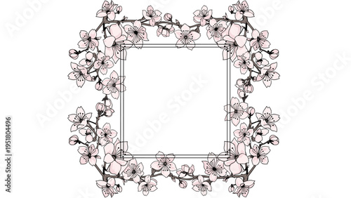 Elegant square frame beautifully adorned with delicate cherry blossom branches, showcasing soft pink flowers and emerging buds, perfect for spring invites.