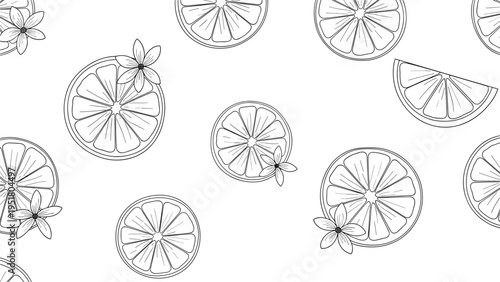 Elegant seamless monochrome line art pattern showcasing delicate citrus slices and wedges adorned with small blossoms, perfect for sophisticated botanical themes.