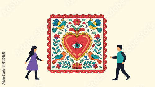 Symmetrical folk art scene shows a large heart with an eye surrounded by birds and flowers as a man and woman walk toward it.