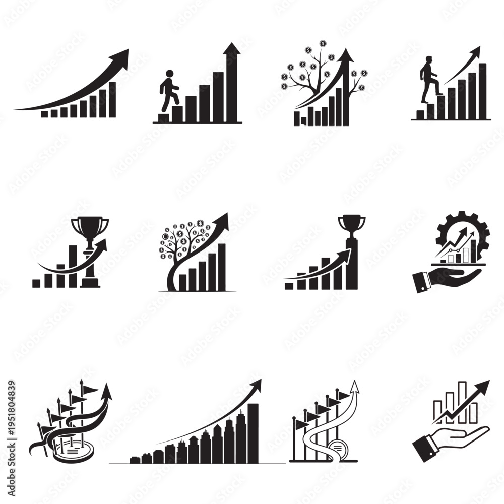 Fototapeta premium Simple black vector icon set of city buildings and industrial skyline for business and urban design