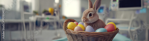 Colorful Easter eggs in a basket with rabbit inside a hospital with medical appliances in the background. Concept of Easter celebration during working.