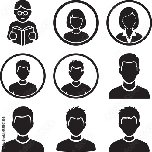 Set of diverse people icons in line art style for profile avatars and user identification