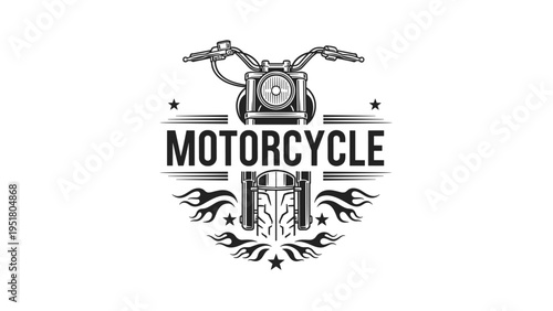 Detailed motorcycle emblem features a front view of a vintage bike framed by flames and stars with the word motorcycle in the center.