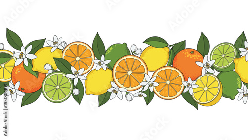Vibrant seamless horizontal border featuring an abundant array of fresh citrus fruits including lemons, oranges, and limes with lush leaves and delicate blossoms.