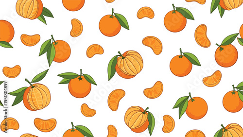 Vibrant seamless pattern showcasing an abundant array of whole mandarins, peeled fruits, and juicy segments with lush green leaves, celebrating freshness.