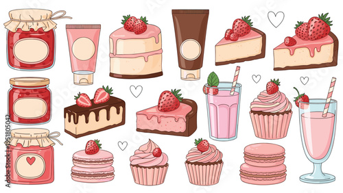 Delightful collection of strawberry-themed items, featuring homemade jams, elegant cheesecakes, sweet cupcakes, refreshing milkshakes, and cosmetic products.