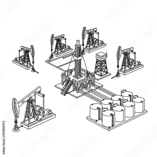Oil drilling rig and pump jacks at an industrial site.