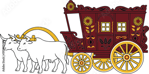 Ornate traditional gypsy wagon illustration with oxen, vintage wooden caravan, floral decorative folk art, rustic rural transport design isolated