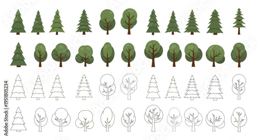 A collection of tree illustrations and icons in various styles and shapes.