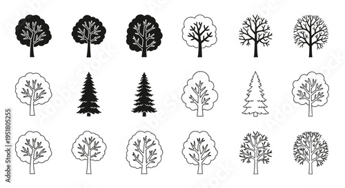 Collection of various tree silhouettes and line drawings.