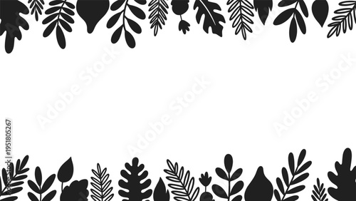 Minimalist horizontal frame border featuring a stylized pattern of diverse black leaves at both the top and bottom, perfect for natural designs.