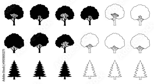 A collection of tree silhouettes and line drawings.