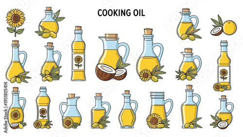 Extensive collection of diverse cooking oils, showcasing bottles and jugs of sunflower, olive, and coconut oils, accompanied by their natural ingredients.