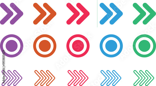 Colorful rounded chevron arrow and target circle icon grid for UI UX app interface web design navigation and digital product toolkit