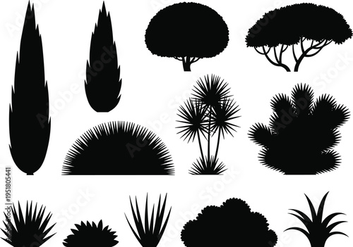Black silhouette set of various leaf and plant shapes isolated on white background