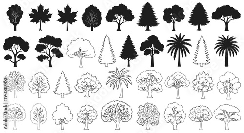 Collection of various tree silhouettes and illustrations.