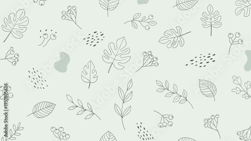 Nature inspired seamless pattern exhibits various outlined leaves and berry sprigs in a hand-drawn style over a light mint green background.
