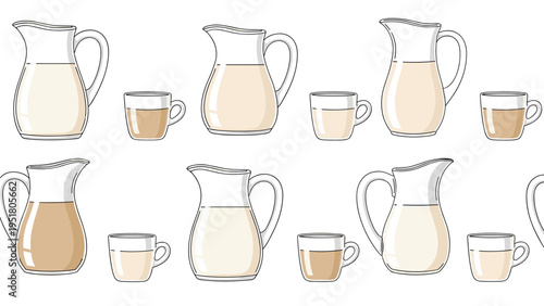 Harmonious seamless pattern showcasing an array of elegant pitchers and charming cups filled with creamy milk or coffee, in soothing light brown hues.