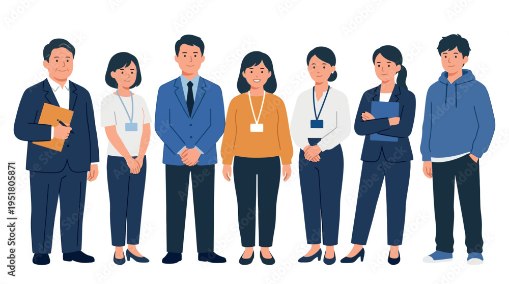 Fototapeta premium Diverse professional team lineup with ID badges for corporate staffing workforce diversity business presentations and organizational content