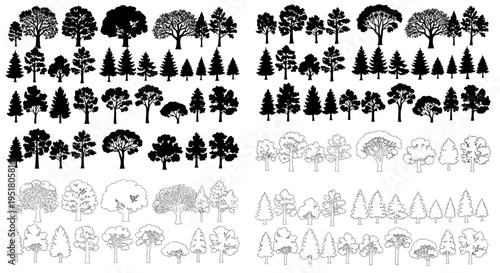 Collection of various tree silhouettes and line drawings.