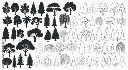 Collection of various tree silhouettes and line drawings.
