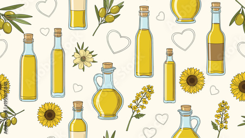 Rich seamless pattern featuring diverse cooking oils like sunflower, olive, and rapeseed, accompanied by their respective plants and delicate heart outlines.