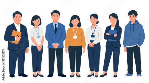 Diverse professional team lineup with ID badges for corporate staffing workforce diversity business presentations and organizational content