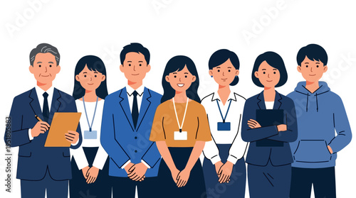 Diverse professional team group portrait with ID badges for corporate staffing workforce diversity business presentations and HR content