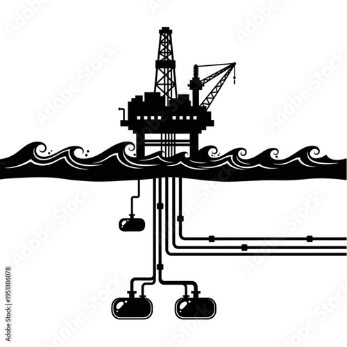 Offshore Oil Rig Silhouette Extracting Resources from Seabed.