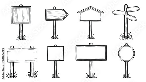 Hand drawn blank wooden signpost and board variants for rustic outdoor wayfinding mockup design creative projects and customizable use