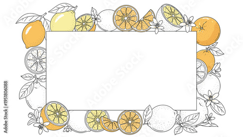 Elegant rectangular frame border adorned with a delightful mix of citrus fruits like lemons and oranges, enhanced by lush leaves and delicate blossoms.