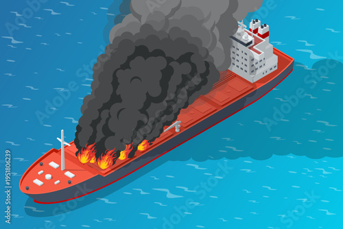 Isometric marine disasterred oil tanker on blue sea covered by fire, dense black smoke Fuel transport accident, maritime emergency, pollution threat, cargo loss, industrial hazard environmental damage