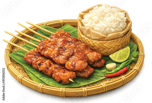 Thai Grilled Pork Skewers with Sticky Rice on Banana Leaf, Isolated on Transparent Background