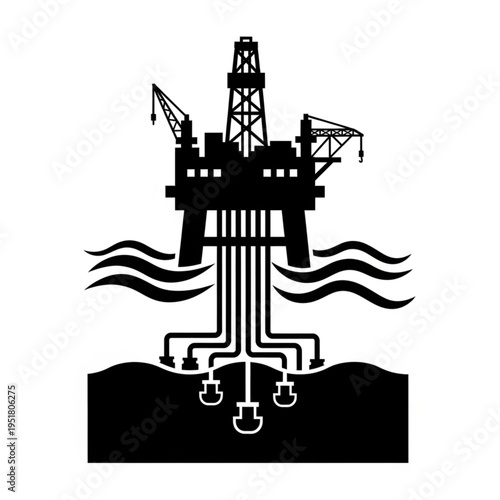 Offshore Oil Rig Silhouette - Extracting Resources from the Ocean Floor.