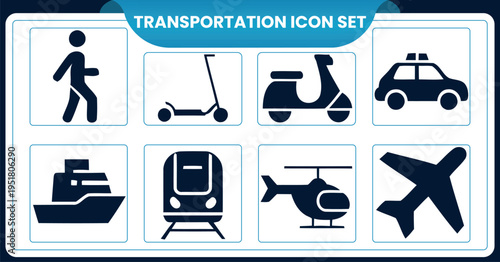 Transportation icon set featuring various modes of travelTransportation icon set featuring various modes of travel