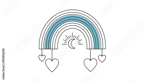 Minimalist line art illustration of a rainbow with a blue stripe, sun and moon symbols, and dangling heart ornaments, on a white background.